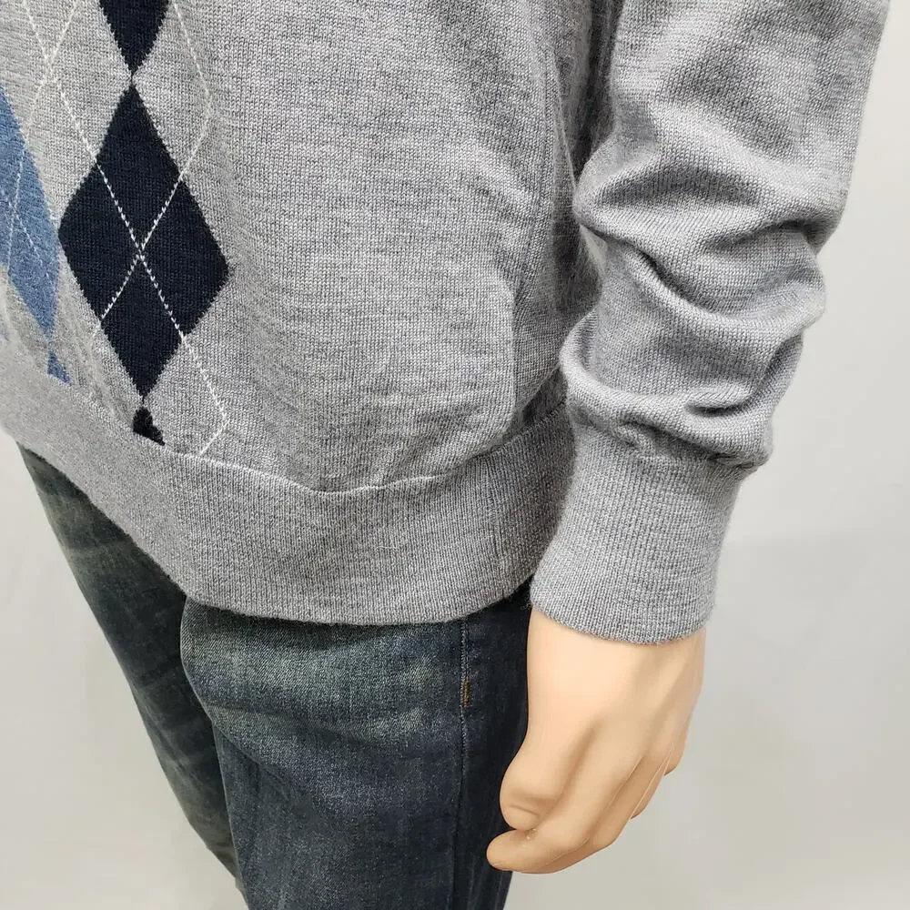 Banana Republic 100% Merino Wool Sweater Men L Argyle Diamond V Neck Gray Blue